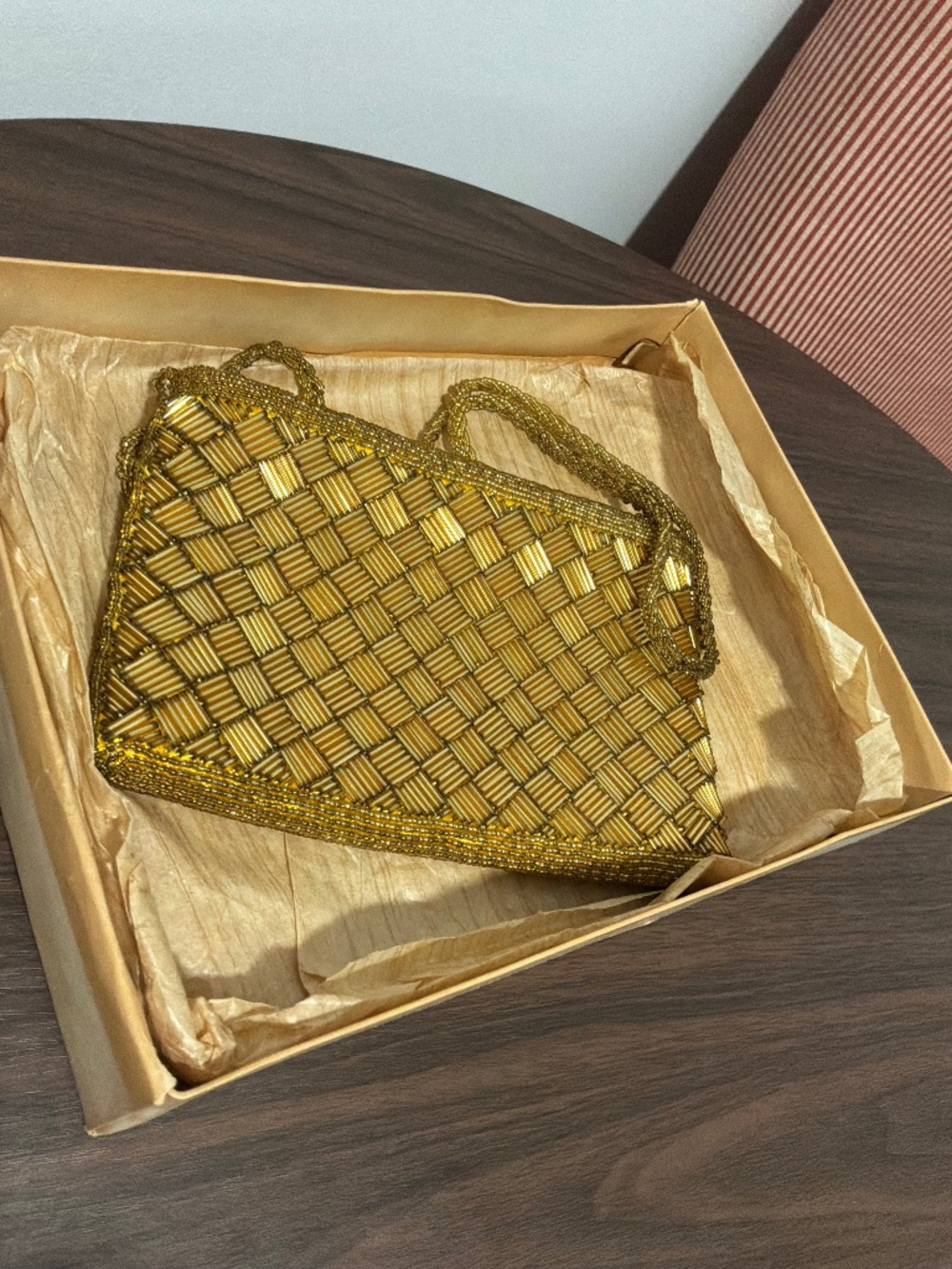Vintage Walborg 1965 Hand-Beaded Gold Evening Bag w/ Original Woodward’s Box